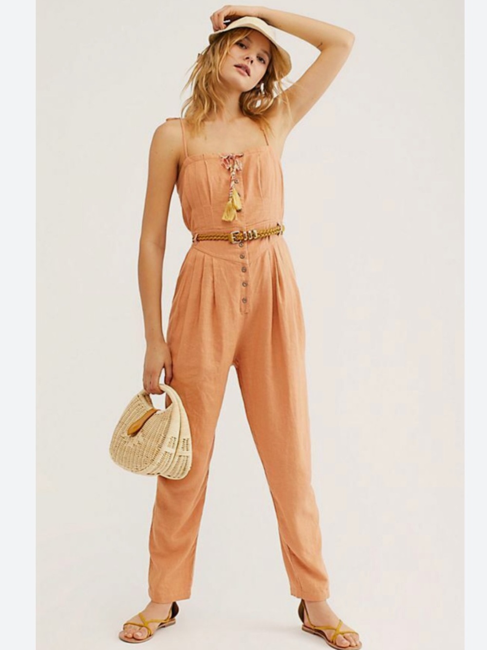 Free People rust linen Sleeveless Button-Front Jumpsuit